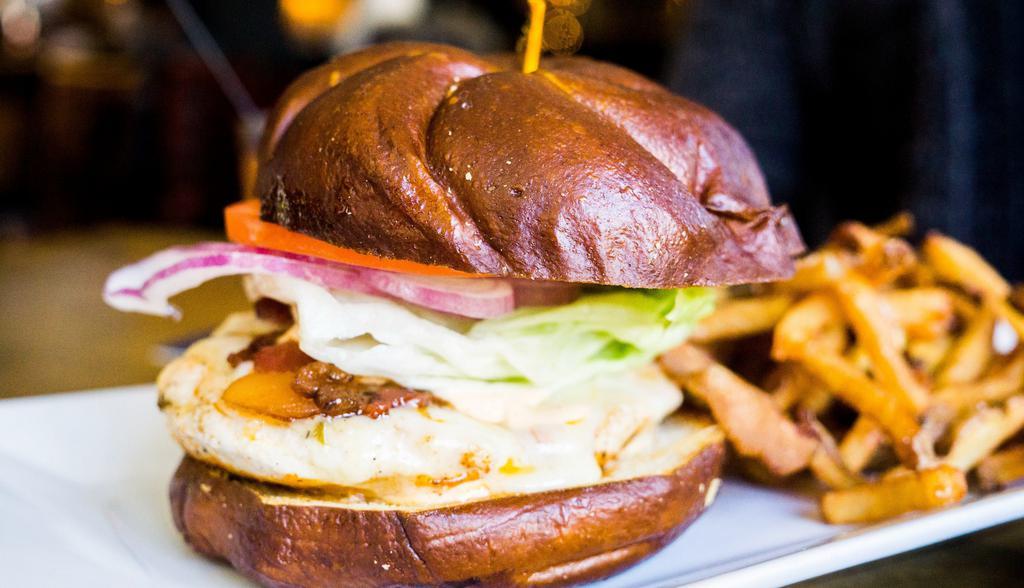 Cajun Chicken Sandwich
 · Cajun seasoned, grilled chicken breast, pepper jack cheese, bacon, lettuce, tomato, onion, chipotle mayo, pretzel bun.