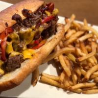 Steak Sandwich
 · Grilled 7oz. sliced ribeye steak, American cheese, grilled onions, red peppers, mayo, on a f...