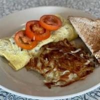 Protein Omelet · Sausage, ham, bacon and swiss cheese served with sliced tomatoes.