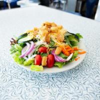 Garden · Fresh romaine and spring mix greens, shredded carrots, cucumber, red onion and tomato with c...