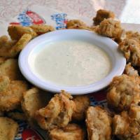 The 50/50 · Full order of our fried mushrooms and Pickle-o's. Served with Boom-a-rang Ranch
