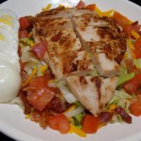Grilled Chicken Salad · Marinated grilled chicken, bacon, cheese, tomatoes, egg, and dressing.