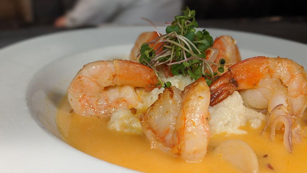 Shrimp & Grits · jalapeno cheddar grits, Cry Baby Craig butter