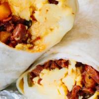 Bacon, Egg, & Cheese Burrito · 1 big tortilla, filled chopped bacon, scrambled egg, your choice of cheese, and wrapped.