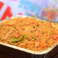 Pancit Combination · Stir fried thick and thin noodles with chicken or pork and vegetables.