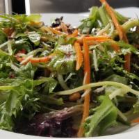 House Salad · Mixed greens, Romano, toasted pine nuts, shaved carrot & cucumber, pink peppercorn, lemon he...