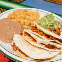 Quesadilla Dinner Express · Three cheese quesadillas in flour tortilla, served with rice, beans, sour cream, guacamole a...