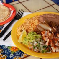 Dinner Mi Pueblo Express Style · Served with your choice of meat, pico de gallo, guacamole, sautéed onions, rice, beans and y...