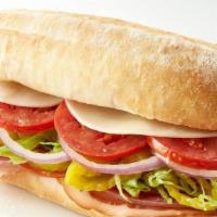 Italian Stallion Sub · Capicola, salami, and ham baked on a sub roll topped with provolone, Roma tomatoes, red onio...