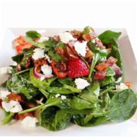 Spinach Salad · Mixed Greens, Red onions, Strawberries, Bacon, Goat Cheese, Walnuts, House-made Vinaigrette.