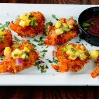 App Coconut Shrimp · Crostinis topped with goat cheese spread, bruschetta heirloom mix, balsamic reduction glaze