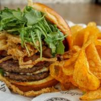 Bleu Fig Burger · Two quarter pound patties topped with bacon, four-cheese spread (bleu, goat, ricotta, and cr...