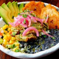 Mojo Bowl · Coconut Rice, pork carnitas, black bean salsa, pico de gallo, pineapple, avocado, pickled on...