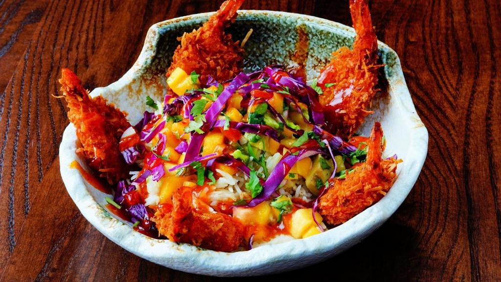 Coconut Shrimp Bowl · Coconut rice, mango avocado salsa, coconut shrimp with sweet chili sauce and cilantro.