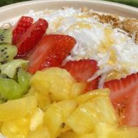 Rejuvenate · Base: açai, mango, banana & coconut milk 
Toppings: granola, coconut shavings. strawberry, b...