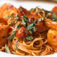 Spaghetti Gamberoni · Spaghetti, shrimp, cherry tomato, chili flake, white wine, and roasted garlic.