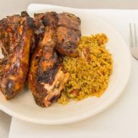 Island Jerk Chicken · Red beans and rice.