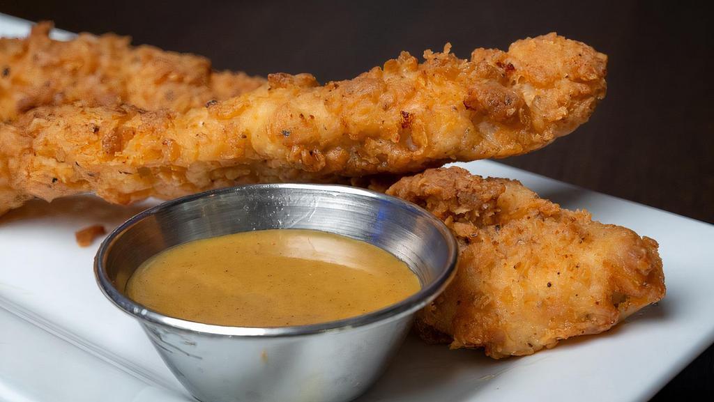 Poulet Doight · Thick-cut chicken fingers, hand-dipped in custard, deep-fried and served with food love café sauce.