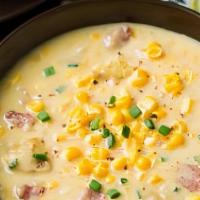 Corn Chowder · Vegetarian-friendly. Hearty roasted corn, potatoes, veggies, and cream, seasoned with our si...