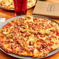 Meatlovers Pizza · bacon, Italian sausage, American sausage, pepperoni, ham, smoked gouda.