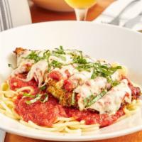 Chicken Parmesan Entre · Chicken topped with Italian cheese blend & marinara sauce. Served with spaghetti marinara.