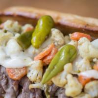 Hot Italian Beef · Thin sliced Roasted Beef in our house au-jus, Giardiniera, melty Provolone Cheese served on ...