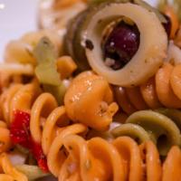 Pasta Salad · Tri-color Noodles with Italian Herb Dressing, artichoke hearts,roasted red peppers, hearts o...