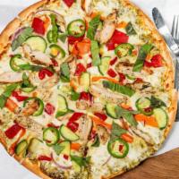 Thai Pizza · Spicy peanut sauce, smoked chicken, sesame carrots, cucumber, roasted red pepper, red onion,...