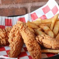 Chicken Tenders · Four marinated, hand-breaded chicken tenders tossed in a choice of sauce (hot, mild, BBQ).