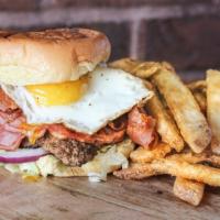 Hoosier Burger (Double) · Sliced ham, bacon, egg, slaw, Muenster cheese, lettuce, tomato, onion, pickle.