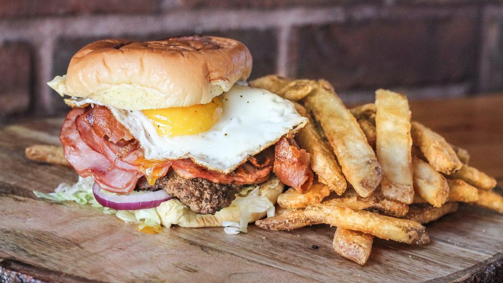 Hoosier Burger (Single) · Sliced ham, bacon, egg, slaw, Muenster cheese, lettuce, tomato, onion, pickle.