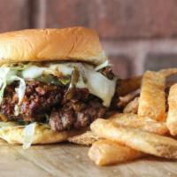 Wimpy Burger (Double) · Sloppy joe, peppers and onions, Swiss cheese, pickled jalapeño, lettuce, tomato, onion, pick...