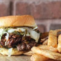 Wimpy Burger (Single) · Sloppy joe, peppers and onions, Swiss cheese, pickled jalapeño, lettuce, tomato, onion, pick...