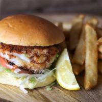 Blackened Cod Sandwich · Pan-seared blackened five-ounce cod fillet, tomato, and lettuce.