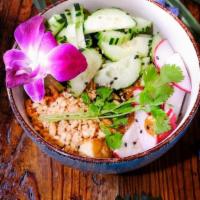 Tofu Satay (V)(Gf) · Crispy tofu, Thai peanut sauce, sliced radish, fresh cucumber salad. (Vegetarian, Gluten-Free)