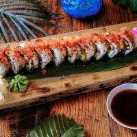 Soft Shell Crab Tempura · Soft shell crab tempura, avocado, cucumber, masago, unagi sauce.