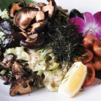 Shiitake Spinach Alfredo (V) · White miso, almond cream, spinach noodles, roasted shiitake and oyster mushrooms, fresh garl...