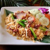Bbq Pork Fried Rice · Mom’s Chinese BBQ roast pork, fresh bean sprouts, chopped scallion, scrambled egg, and fried...