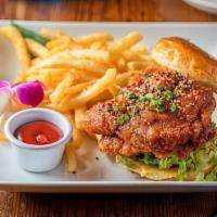 General Tso Good Chicken Sandwich · Crispy breaded chicken thigh drenched in our spicy General Tso Good sauce with shredded roma...
