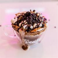 Campfire Lava (Hot Chocolate) · Hot chocolate, cinnamon toast crunch, toasted marshmallow, chocolate chip and whipped cream.