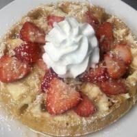 Maui · Lemon zested mascarpone, toasted coconut and strawberries topped with SYRUP made toasted coc...