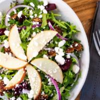 Harvest Salad · Field greens mixed with baby arugula, beets, fuji apples, red onion honey glazed pecans and ...