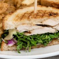 Hei Hei Panini · Seasoned chicken breast with red onion, havarti cheese, apricot preserves and baby arugula p...