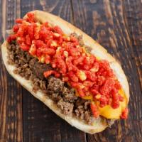 Southpaw Hoagie · Rib Eye Steak, Grilled Onions, Swiss/American Cheese, Crumbled Flaming Hot Cheetos, And Chee...