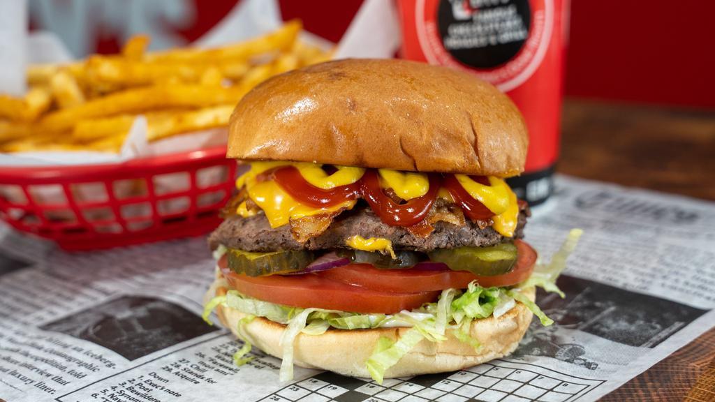 Bacon Cheeseburger · Build  your own bacon cheese burger: Lettuce, Tomato, Onions, Pickles, Ketchup, Mustard, Mayonnaise, Bacon and Cheese