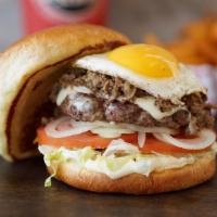 Lefty'S Cheesesteak Burger · Beef patty, Chopped Rib Eye Steak, Lettuce, Tomato, Mayo, Fried Egg, Swiss/American Blend Ch...