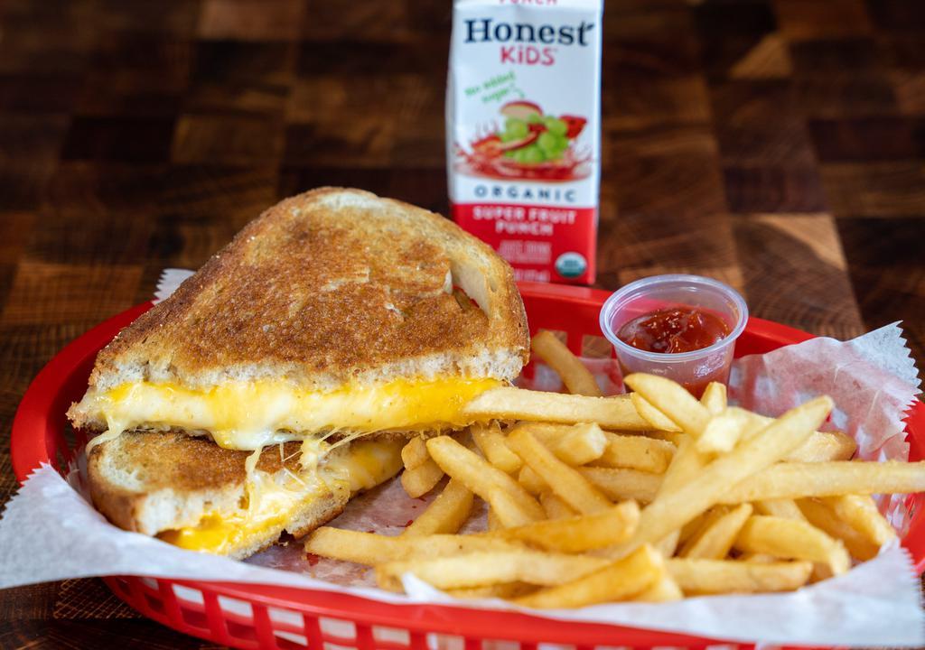 Grilled Cheese Kids Meal · Your Choice of Cheese, On Toasted Rye Bread, Served With Drink and Fries!