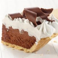 French Silk Pie Slice · Velvety smooth chocolate silk covered with real whipped cream and milk chocolate curls, insi...
