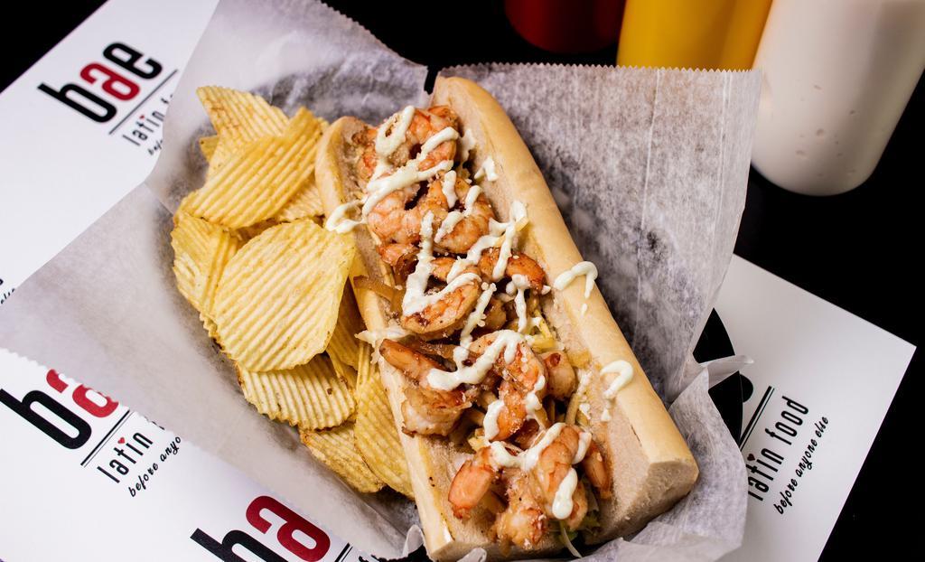 Shrimp Pepito · Grilled shrimp, potato sticks, green mixed, parmesan cheese and our special BAE sauce.