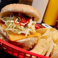 Chicken Burger · Special chicken fillet, mayo and ketchup, green mixed, cheddar cheese, egg, potato sticks an...